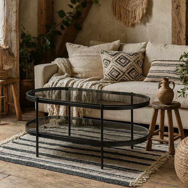 Wyld Haus Featheroak Grey Glass Oval Coffee Table Black Metal Legs
