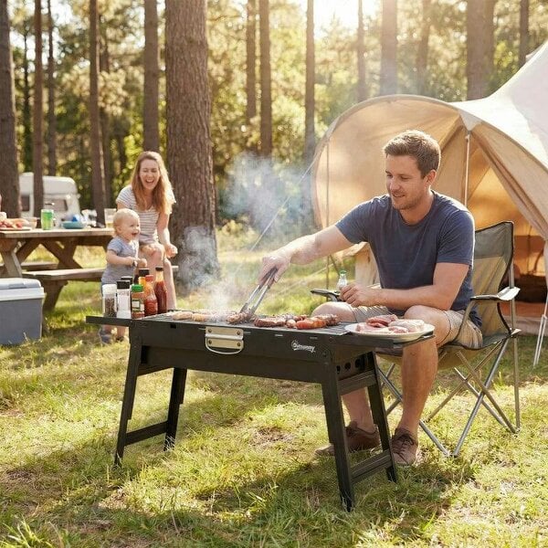 Bobobiy Portable BBQ Grill, Foldable Charcoal Grill for Camping and Picnics with 2 Side Shelves and Handle, Black - Black