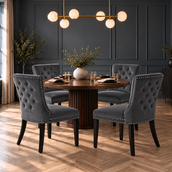 Neo Set of Four Dark Grey Studded Velvet Dining Table Chair with Ring Knocker Detail