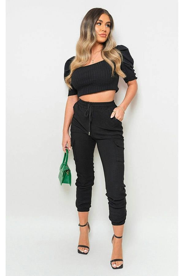 Francesca Pocket Side Drawstring Waist Cargo Trouser - Black