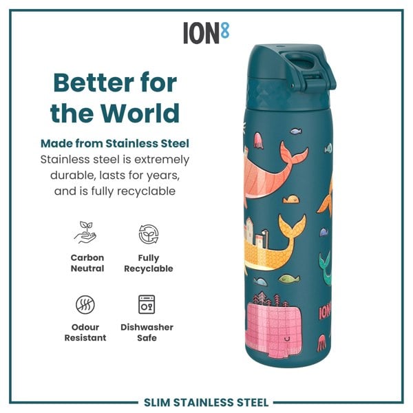 A teal stainless steel water bottle, featuring a whimsical ocean design, sits against a white background. The bottle is described as carbon neutral, fully recyclable, odour resistant, and dishwasher safe.