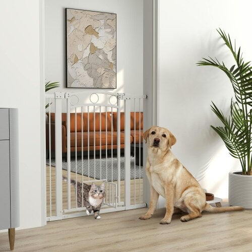 PawHut Stair Gate with Cat Door, Adjustable Width, 76-104cm - White - 104L x 5W x 106Hcm