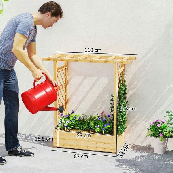 Bobobiy Garden Planter with Trellis, Wooden Raised Bed with Hanging Roof and Drainage Holes, 110 x 44 x 113 cm, Natural