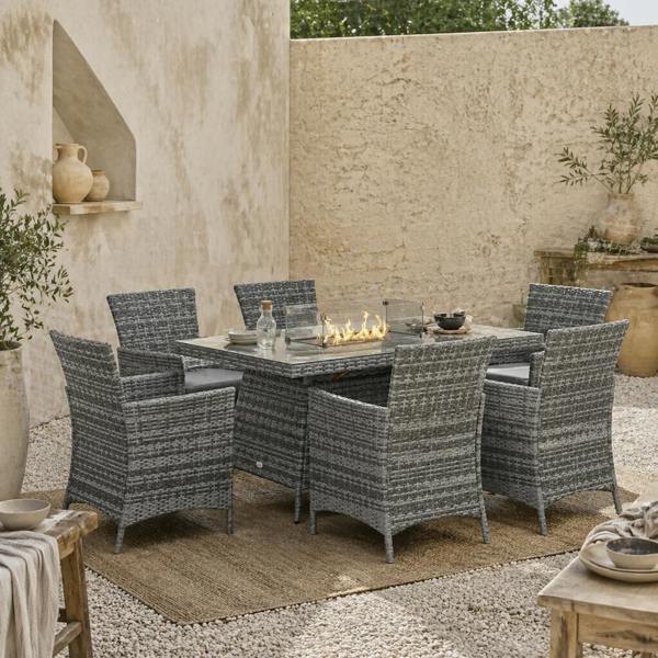 Wyld Haus Ravezi Rattan Grey 6 Seater Garden Dining Set With Fire Pit Table Glass