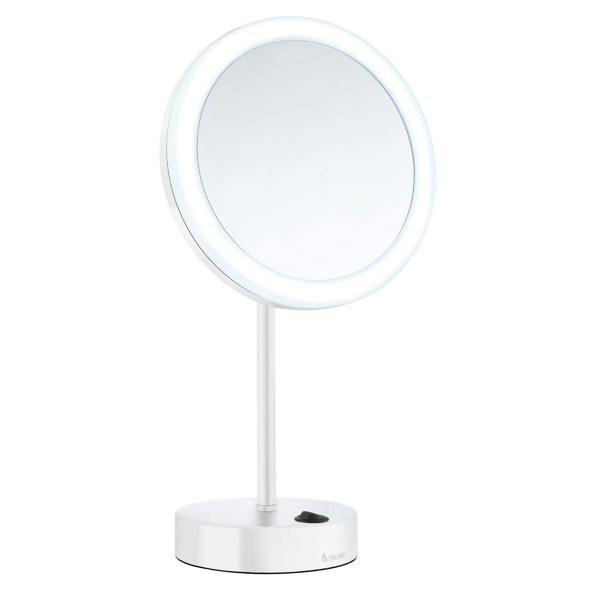 Smedbo Matt White LED Dual Light Mirror - Freestanding with 5x Magnification, Battery Operated Bathroom Table Mirror