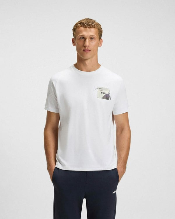 BOSS Green Zone Stripe Mens T-Shirt with Decorative Reflective Accents - White 100