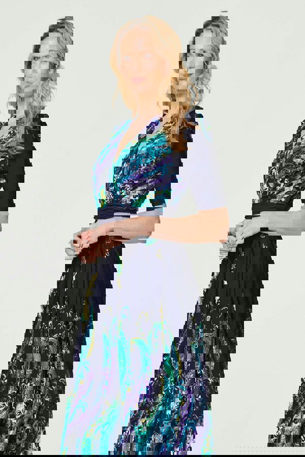 Teal | Printed Ruched Waist Midi Dress