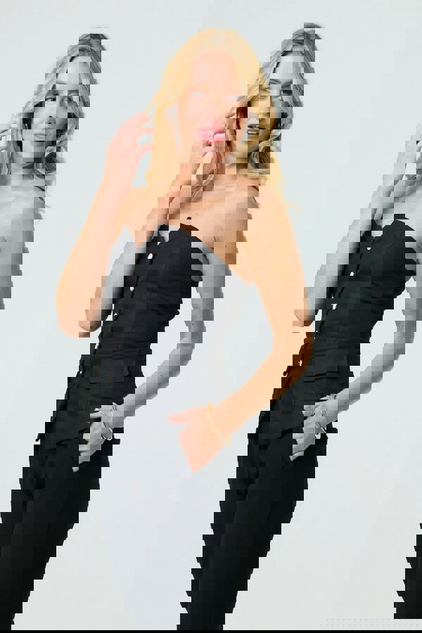 Black | Button Front Strapless Waistcoat Vest Top
