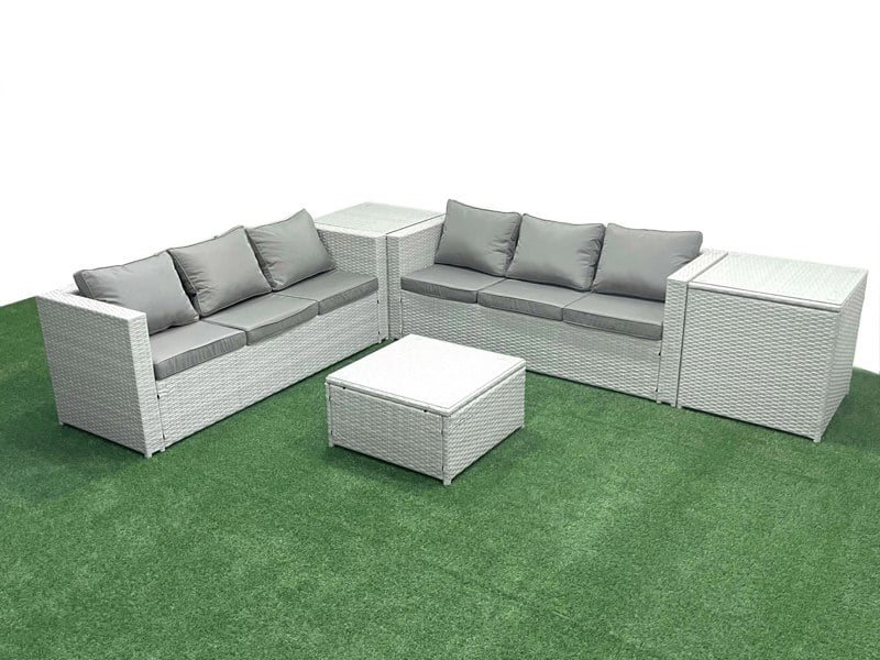 Fimous Rattan Garden Outdoor Furniture Set 6 Seater Rattan Garden Sofa Set with 2 Side Tables Light Grey Mixed