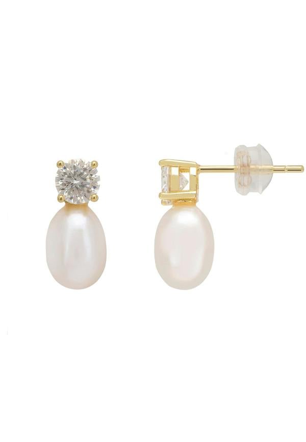Pair of pearl earrings with gold and diamond accents on a white background