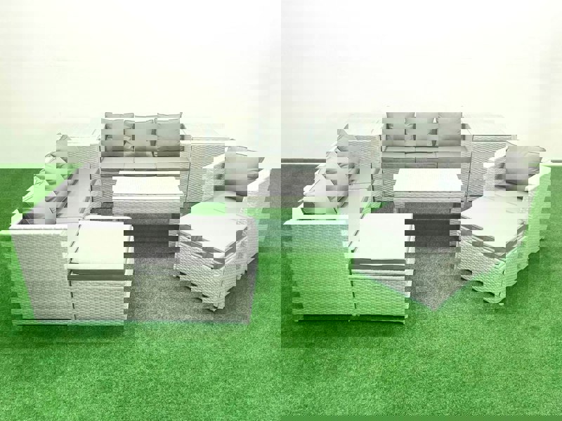 Fimous Wicker PE Rattan Sofa Garden Furniture Set with Oblong Coffee Table Armchair 2 Big Footstools 2 Side Tables Light Grey Mixed