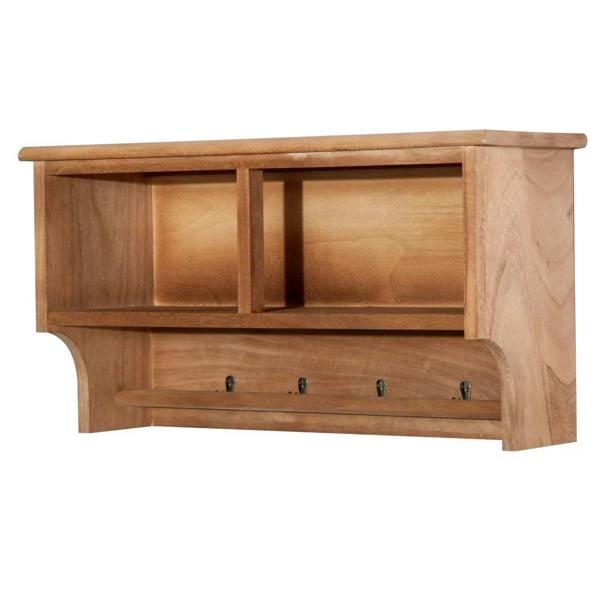 Brown wall-mounted coat rack shelf with three open compartments above hook rail