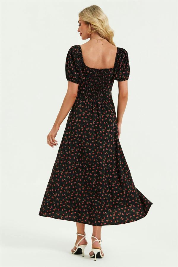 FS Collection Puff Sleeve Heart Neckline Midi Dress In Black