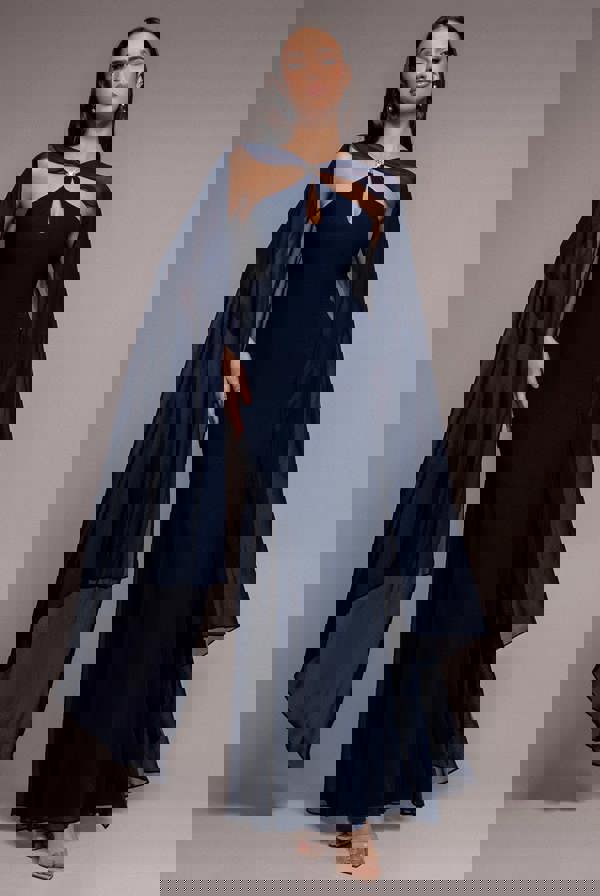 Multiway Cape Chiffon With Embellished Trim Maxi Dress - Navy Blue DR4924