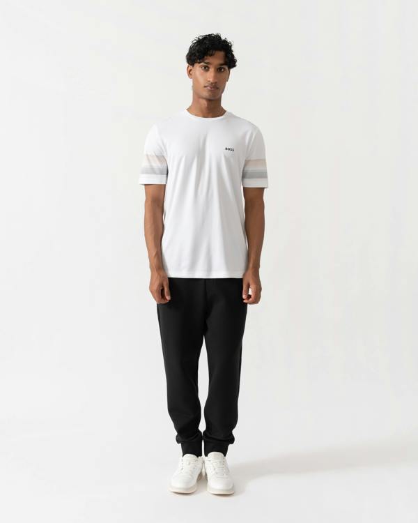 Man wearing BOSS Green TS TOC Court 2 Mens Slim Fit T-Shirt - White 100