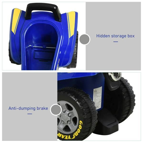Blue ride-on quad bike with rear hidden storage box, chunky tread wheels, yellow seat