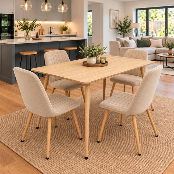 Kosy Koala Rectangular Dining Table Set with 4 Beige Velvet Chairs & Metal Legs, Wood-Effect, 120 cm