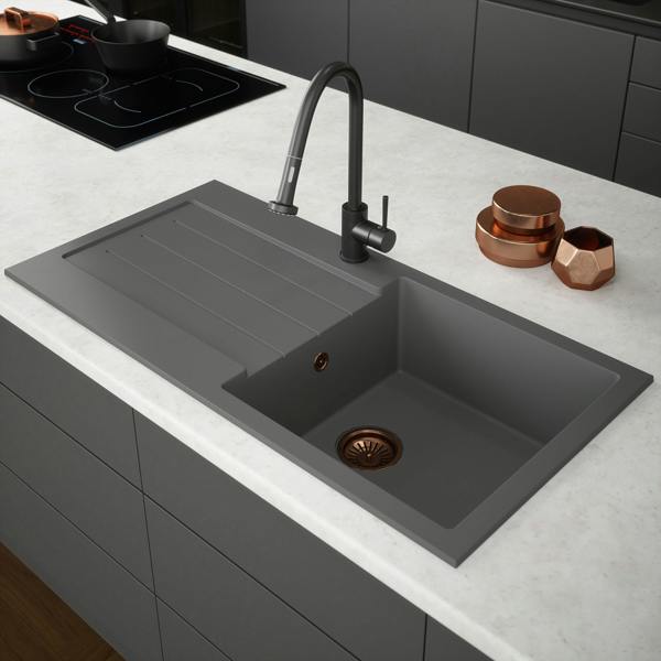 Flode Vänern | 1.0 Bowl Comite Kitchen Sink & Drainer | Inset or Undermounted | Strainer Wastes Supplied | Matt Grey Finish