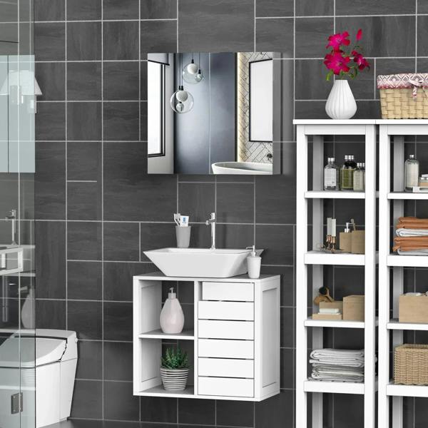 Wall mounted bathroom mirror cabinet with double doors beside a vanity sink