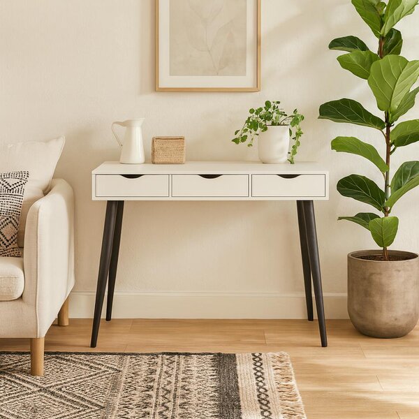 Wyld Haus Dresden White Wooden Office Desk 3 Drawers Black Legs