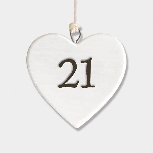 Mini Porcelain Hanging Heart – “21” Birthday Keepsake Elegant Milestone Gift
