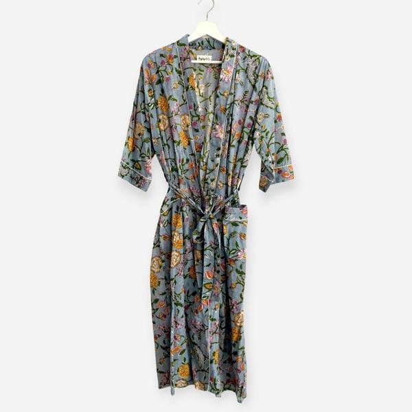 Hayley & Co Pale Blue Floral Block Print 100% Cotton Dressing Gown