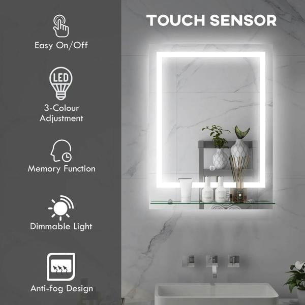 Illuminated bathroom mirror with touch control LED light and anti-fog design