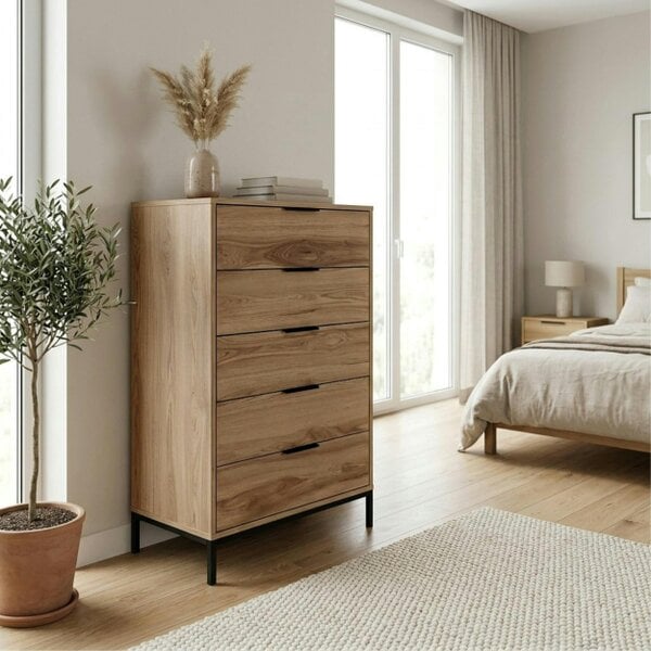 Decortie Mars 5 Drawer Tall Chest of Drawers Whiskey Oak 70 x 45 x 126.5 cm