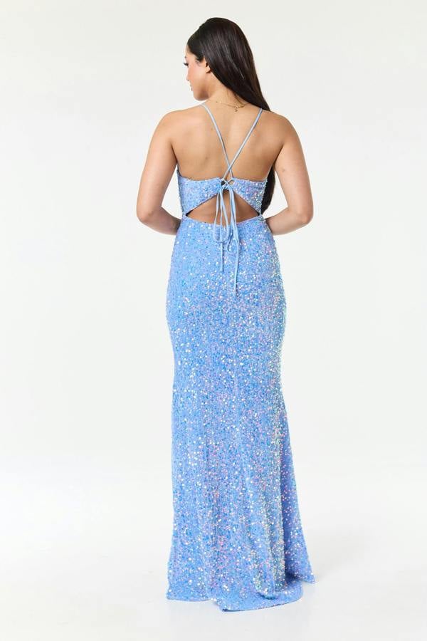 LuvForever Sora - Sky Blue Side Slit Sequin Maxi Dress