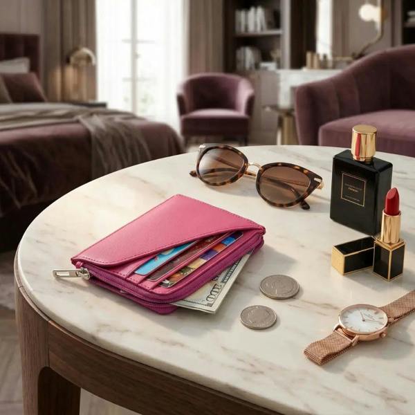 Pink wallet with money, sunglasses, lipsticks, and a watch on a marble table in a bedroom.