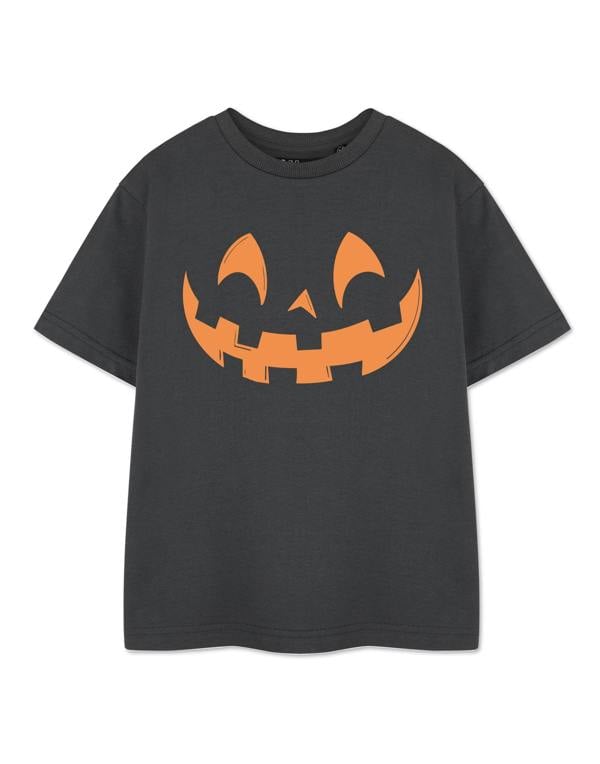 Show Me The Merch Unisex Kids Grey Pumpkin Face Short Sleeved T-Shirt