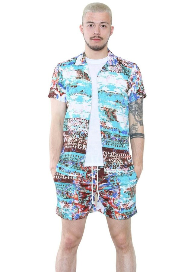 Men's Vibrant Abstract Print Shirt and Shorts Set - S