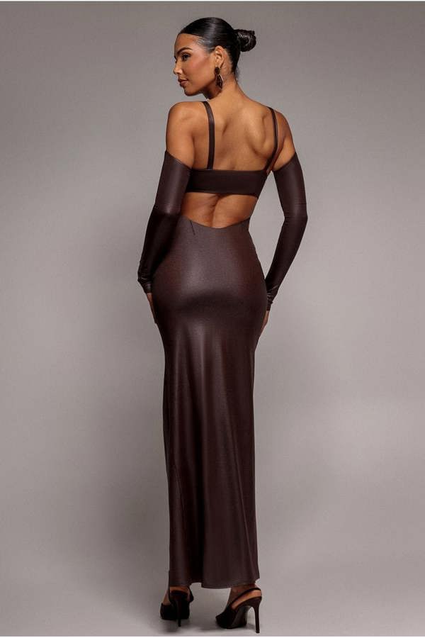 Faux Leather Cut Out Maxi Dress - Brown DR3725