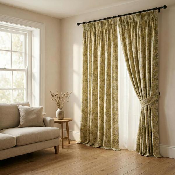 St Barts made-to-measure curtains in Chartreuse, styled in a living room