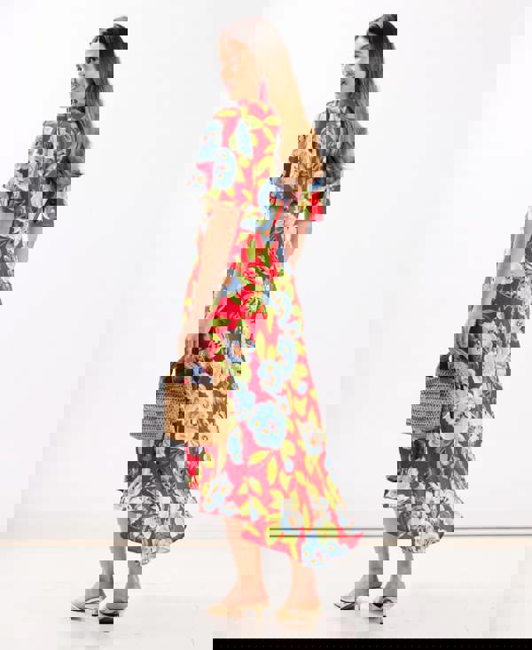 Red Oversize Floral Ruche Midi Dress