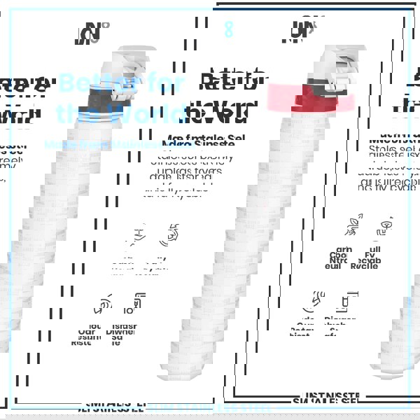 A stainless steel water bottle sits on a white background. The bottle is red and white with the word "BUCCANEERS" repeatedly embossed on its surface. The surrounding text highlights its durability and recyclability.