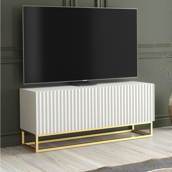 Mex Furniture White TV Unit with Gold Base 100cm – Fluted Fronts & Push-Down Doors