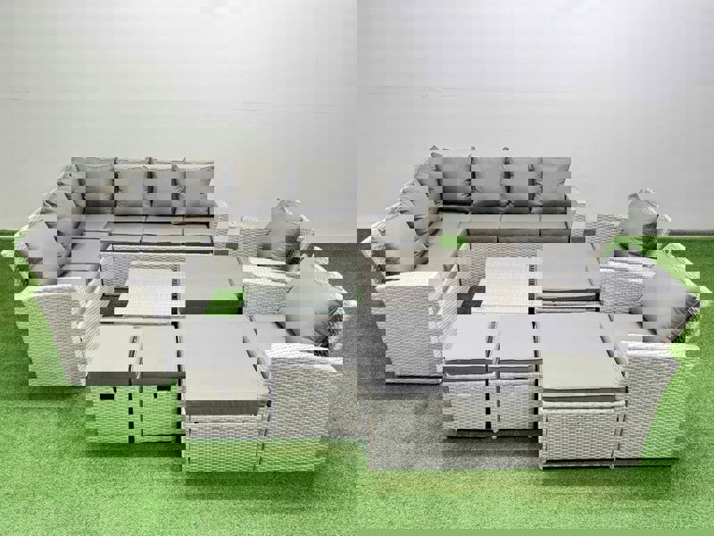 Fimous Outdoor Rattan Garden Furniture Set 12 Seater Corner Sofa Sets with Square Coffee Table Chair 4 Footstools Light Grey Mixed