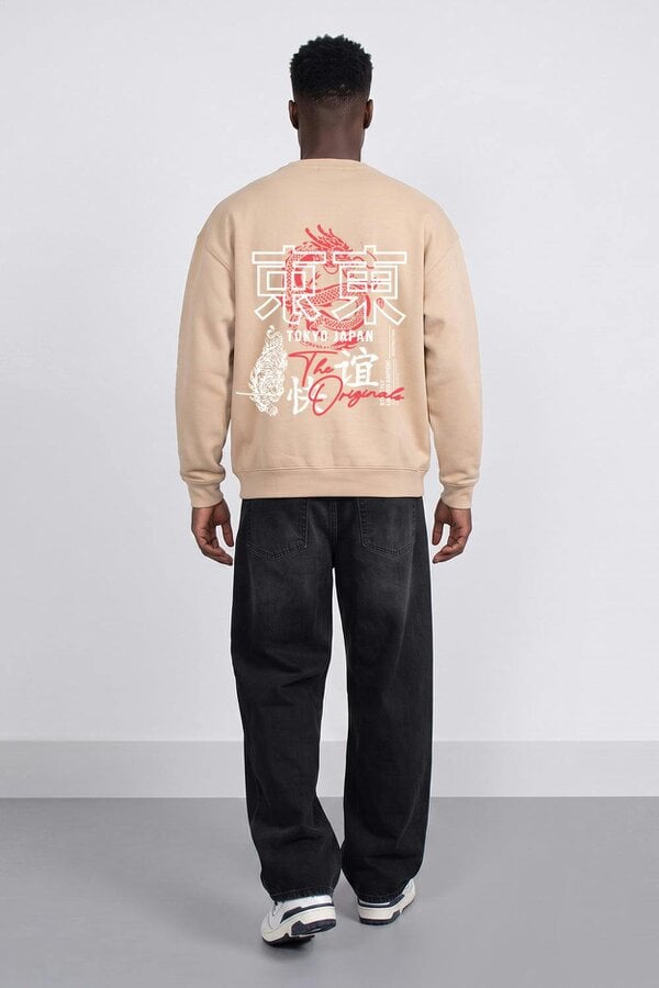 London Attitude Relaxed Fit Tokyo Dragon & Tiger Sweatshirt - Nude