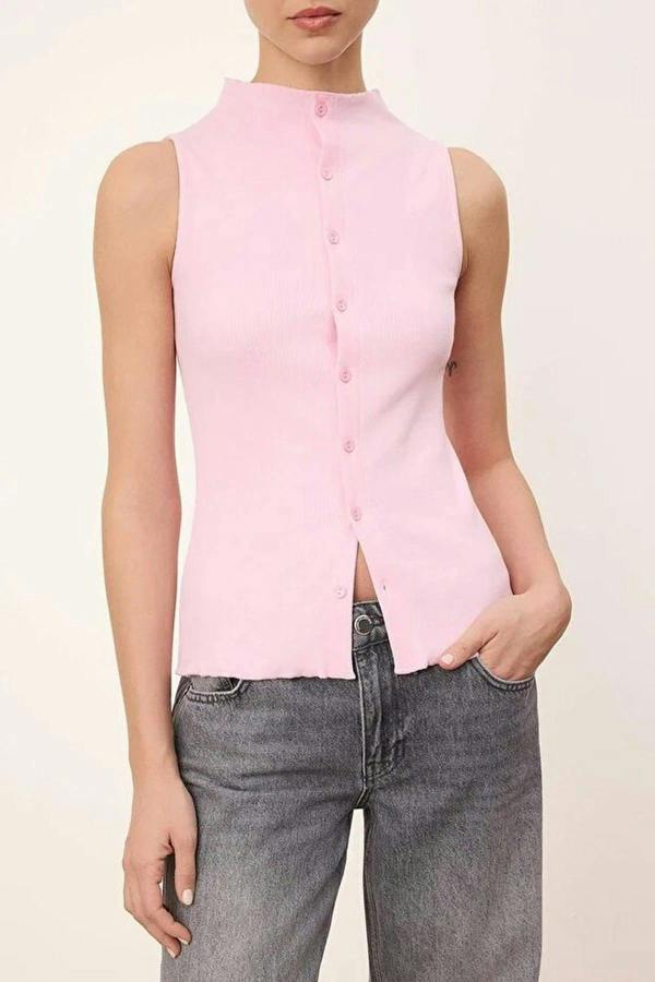 High Neck Long Sleeve Button Front Frill Detail Fitted Blouse