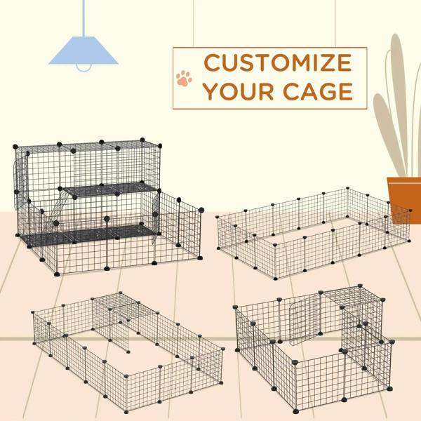 Modular black wire playpen set with multiple enclosure shapes and ramped platforms