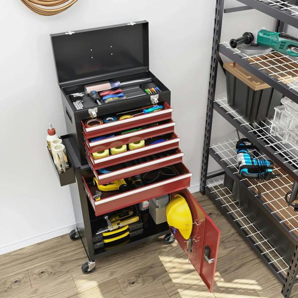 Tool storage chest with open top case showing red and black drawer trays inside