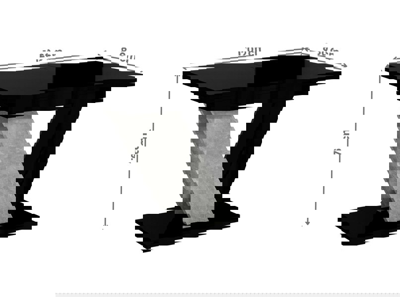 Black glass table with dimensions on a white background