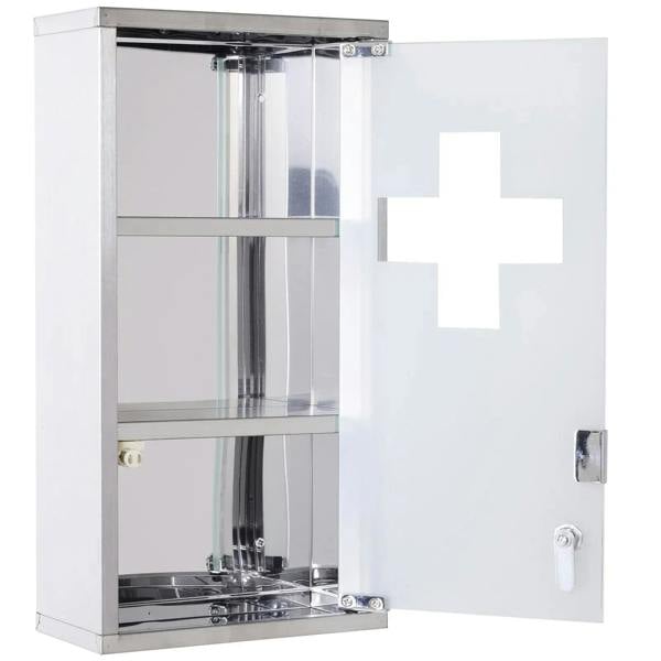 Lockable wall medicine cabinet with two glass shelves and hinged door open