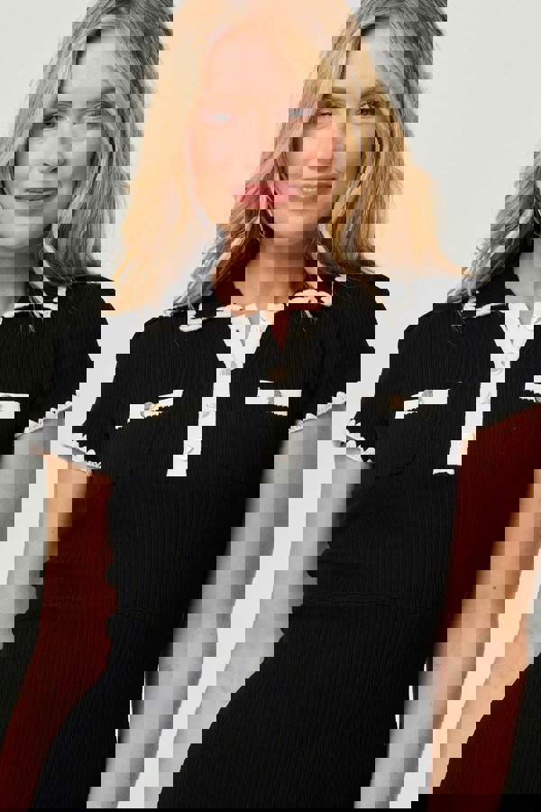 Black | Button Front Collared Knit Dress
