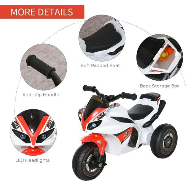 White and red 3-wheel ride-on police bike with soft padded seat and back storage box