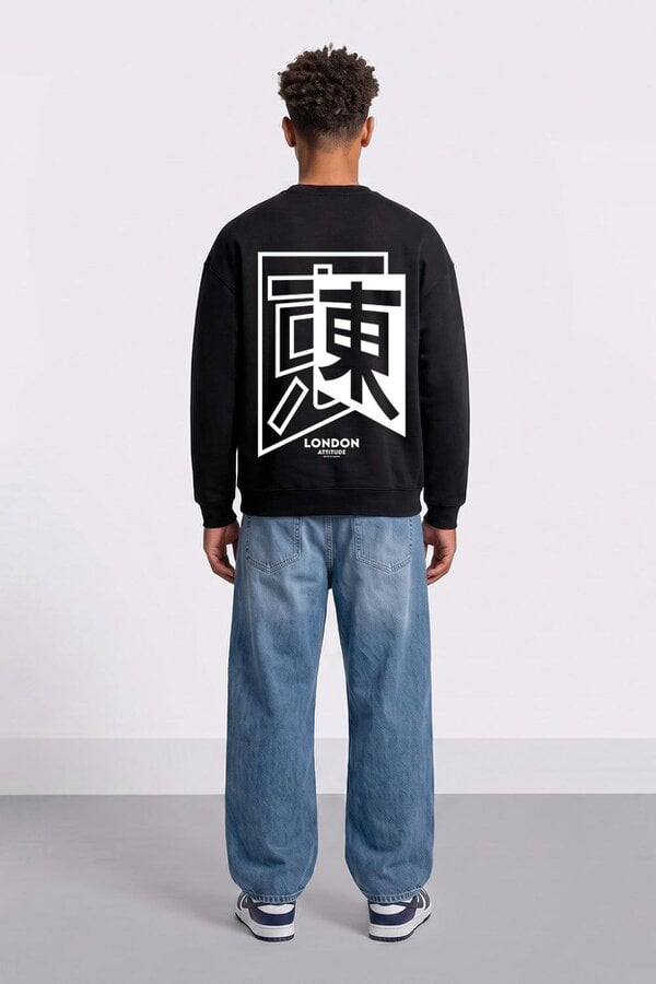 London Attitude Oversized Japanese Inspired Graphic Sweatshirt in Black
