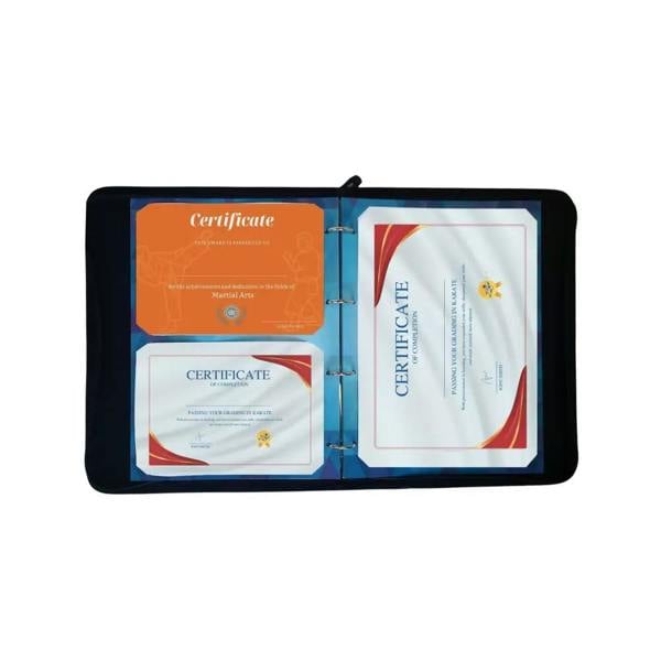 Blue Proud Moments certificate holders with clear pockets and black trim for displaying certificates