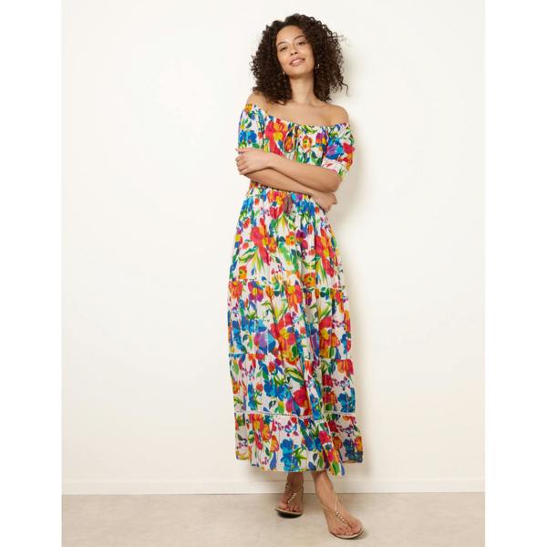 Blue Vanilla Bardot Tassel Tie Tiered Maxi Dress