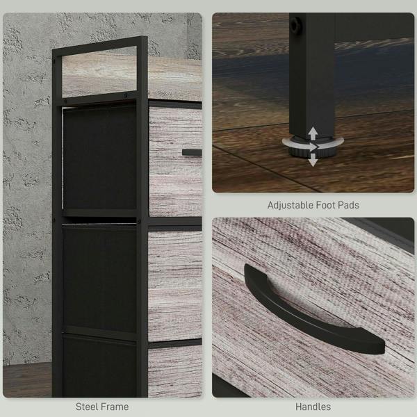 Close-up details of grey wood-look drawer chest: steel frame and black handles